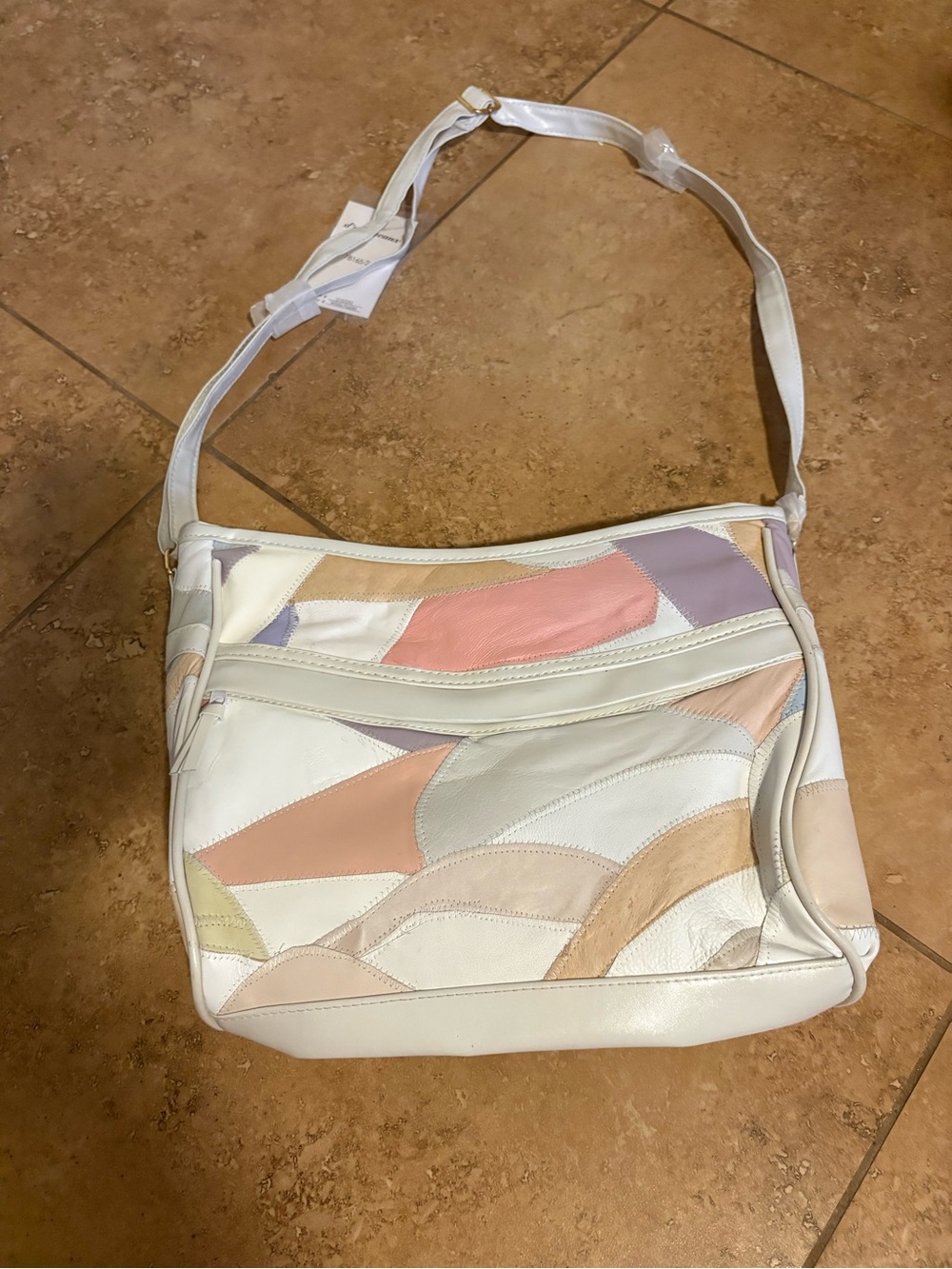 Women's White Patchwork Leather Crossbody Bag with Pastel Accents